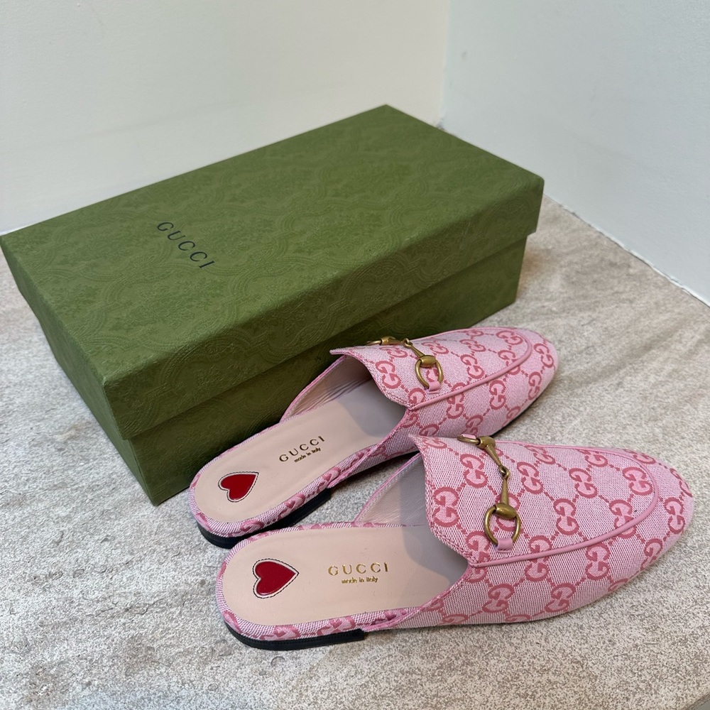 Gucci Pink Canvas Mules with Gold Accents